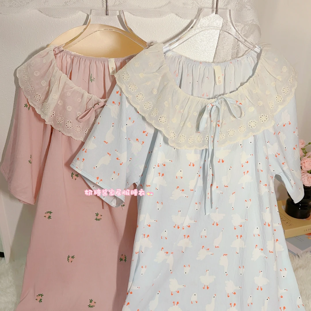 【大鹅/粉碎花】长款圆领短袖连体睡裙甜美可爱少女蕾丝花边宽松