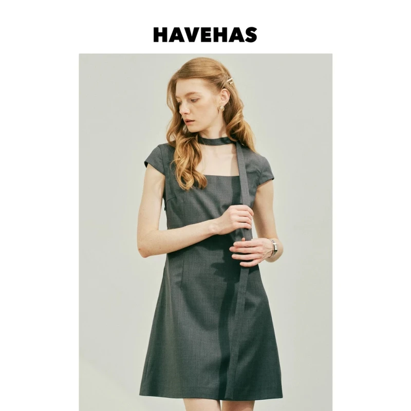 HAVEHAS极简重组 精纺澳毛/超密醋酸缎优雅千金miu系丝巾短连衣裙