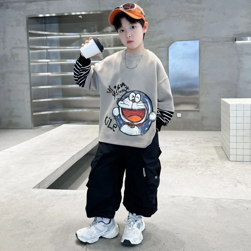 韩系时髦穿搭~男童秋季新款条纹拼接假两件卫衣卡通百搭上衣10181