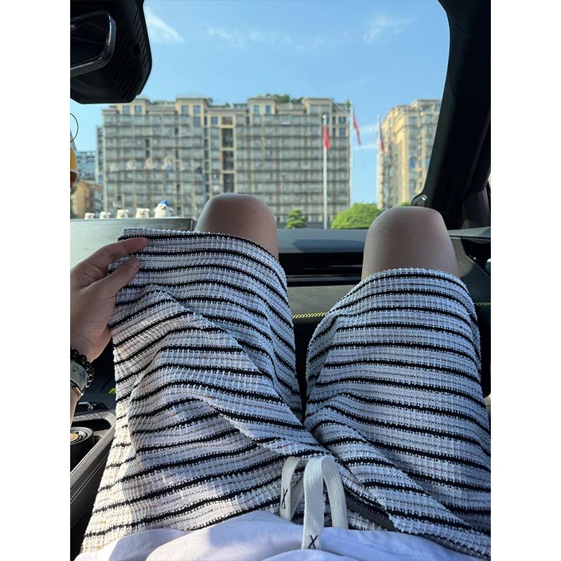 彩虹织带条纹短裤男女夏季薄款弹力肌理感五分大裤衩外穿运动裤子