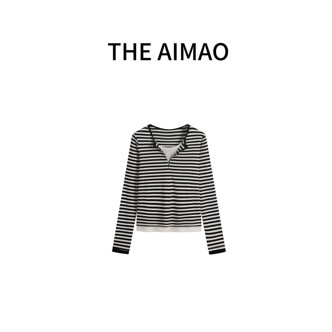 【THE AIMAO】 ‘吸氧日“条纹黑白拼色慵懒感假两件上衣XYX80781