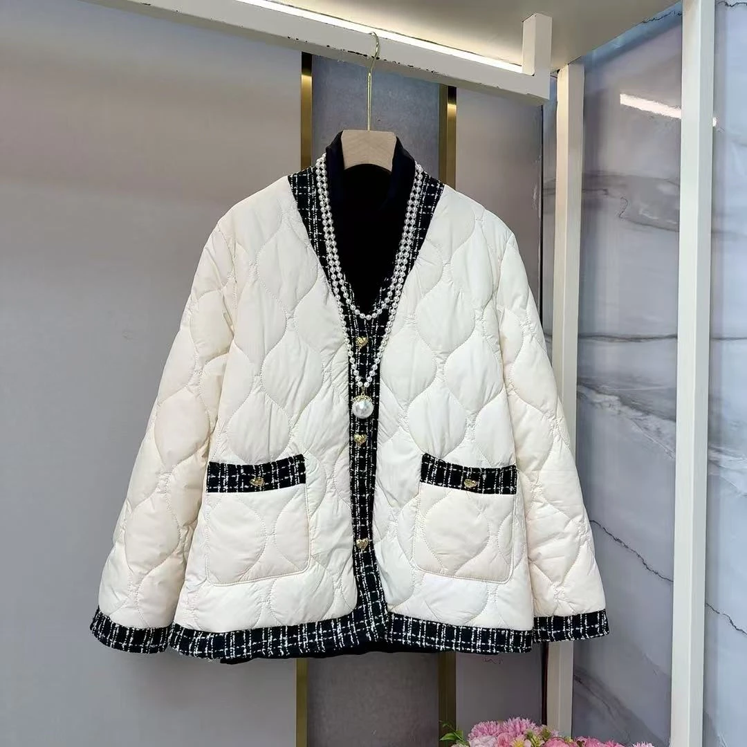 时尚大码拼接2025女装新款棉服香风显瘦洋气保暖外套轻薄简约潮流