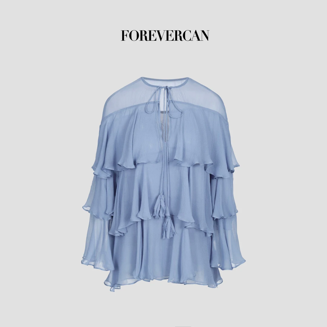 FOREVERCAN“浮岛滨蓝”立体层叠荷叶边蛋糕喇叭袖上衣ST57117