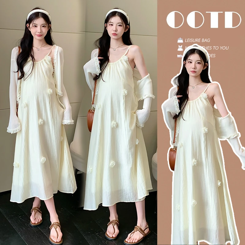 孕妇连衣裙2025夏季新品韩版花朵孕妇连衣裙孕妇套装两件套