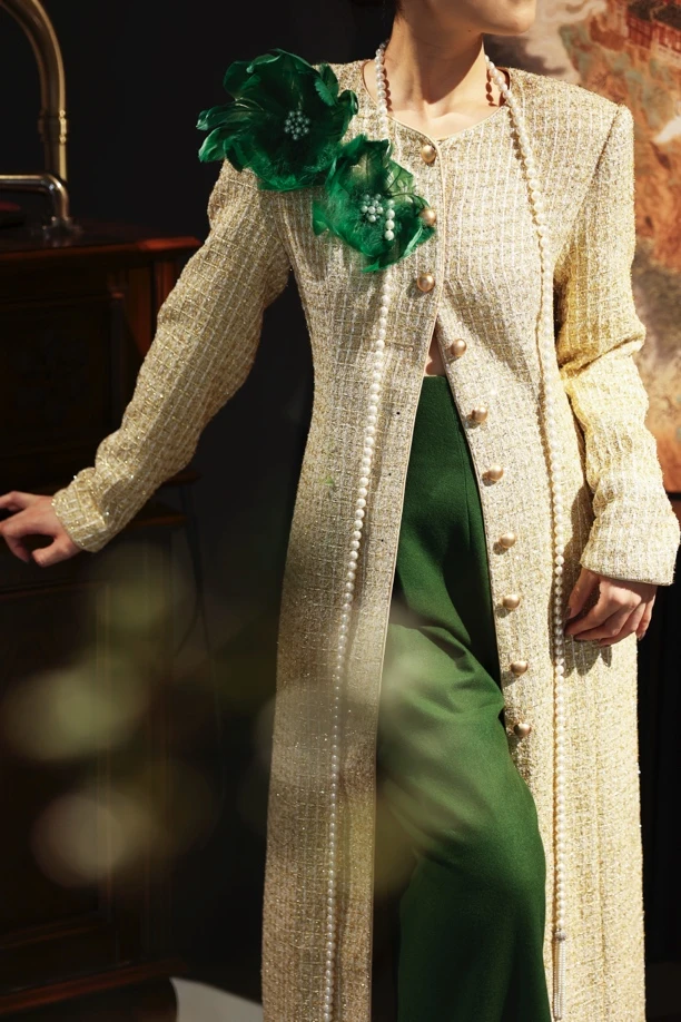 【李小姐】冬季新款订珠小香风新中式长款时尚气质秋冬国风风衣外套