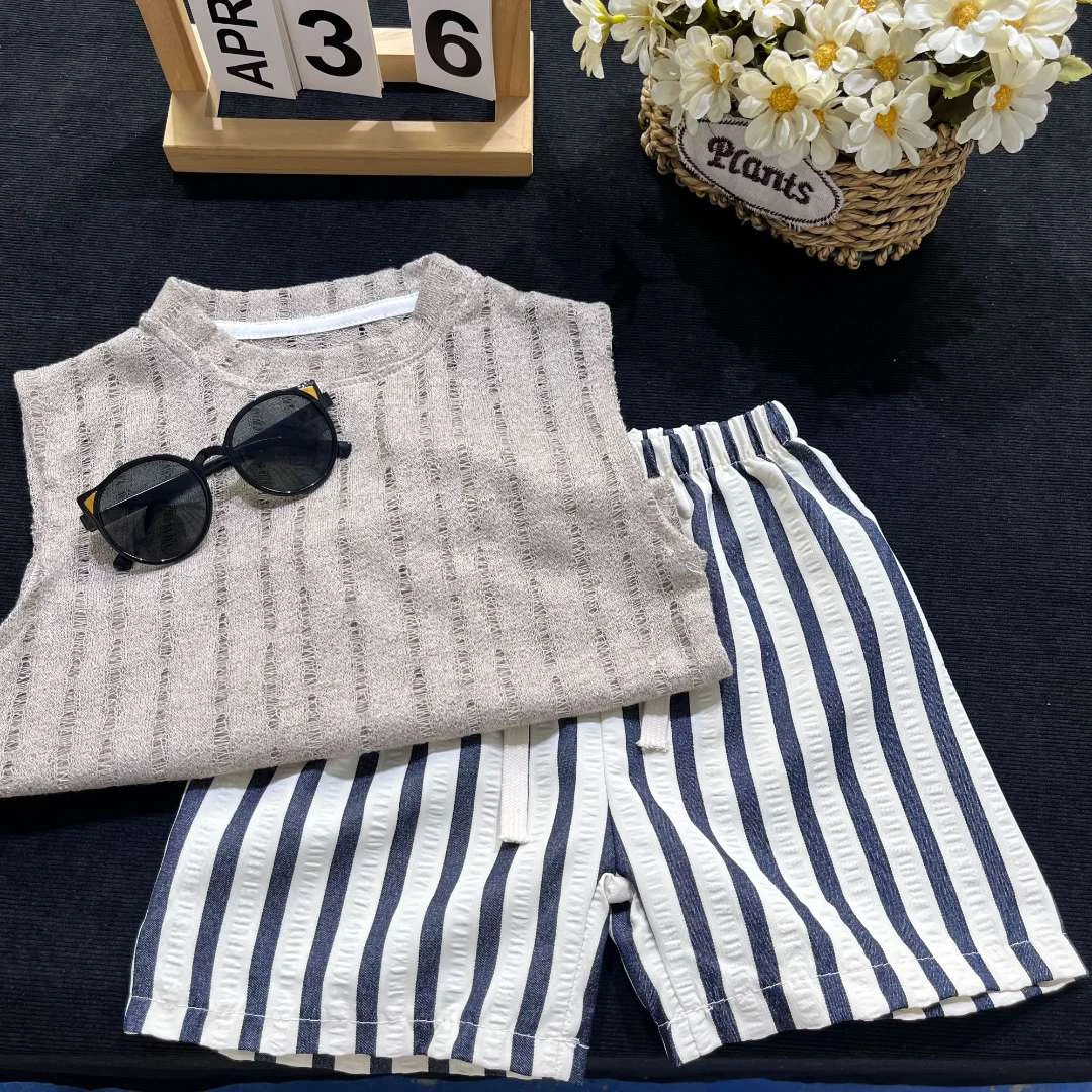 儿童背心套装韩版夏季新款无袖上衣宝宝条纹沙滩短裤时尚背心套装