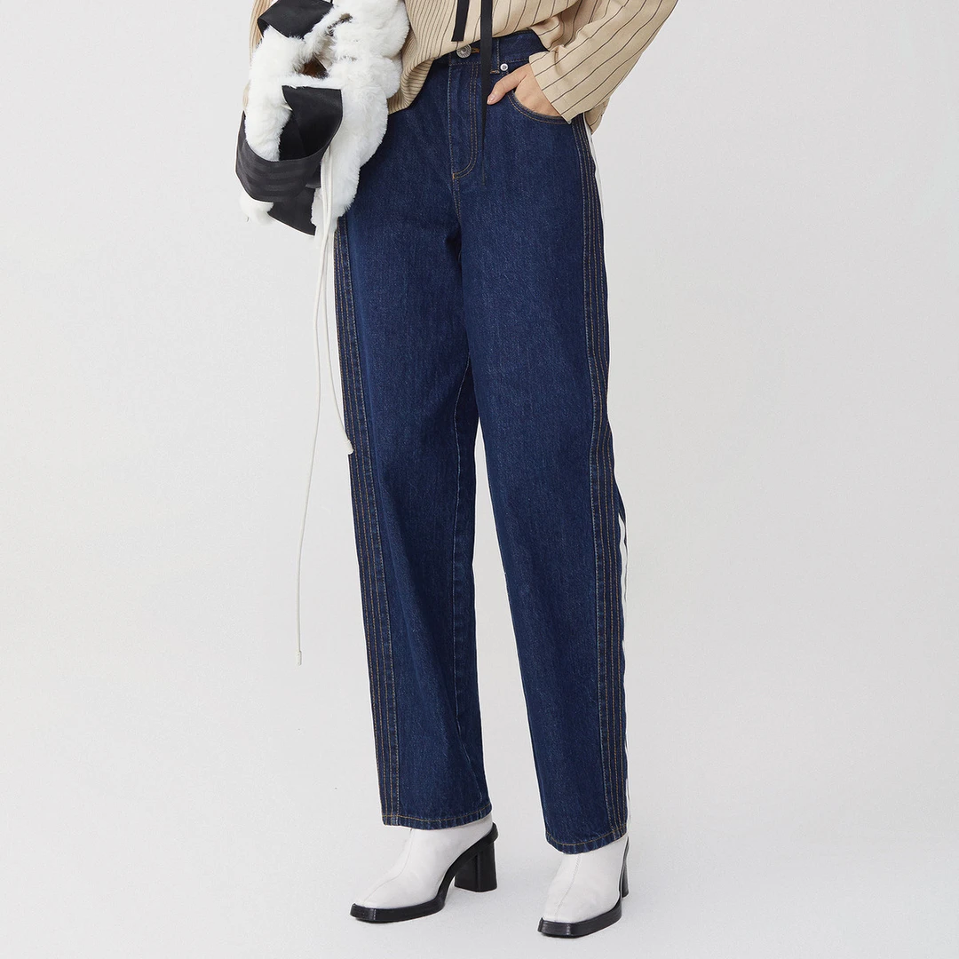 【达人专享】ZHUCHONGYUN原创设计白色撞边修饰腿型牛仔裤子女