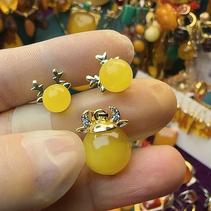 琥珀银S925镶嵌耳饰