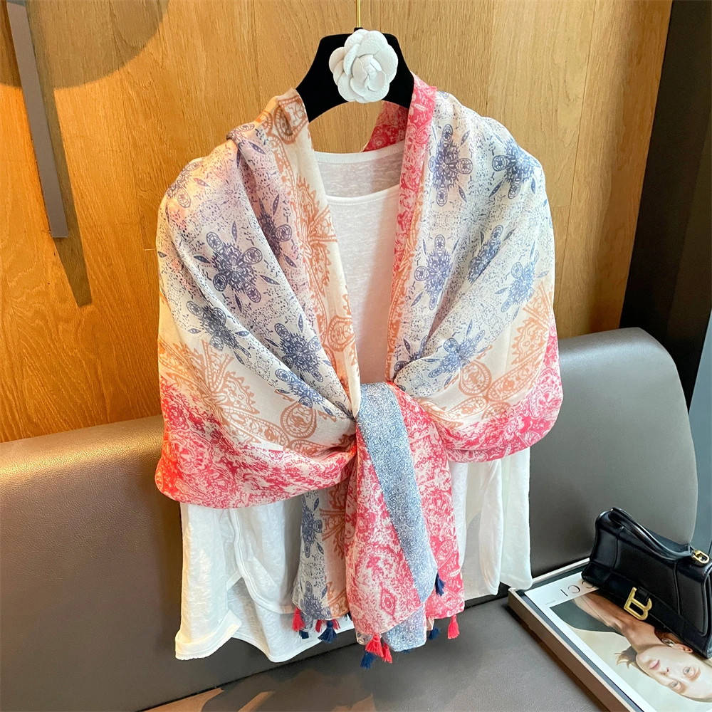 culv夏新款拼色棉麻丝巾女百搭复古围巾披肩两用防晒遮阳薄沙滩巾