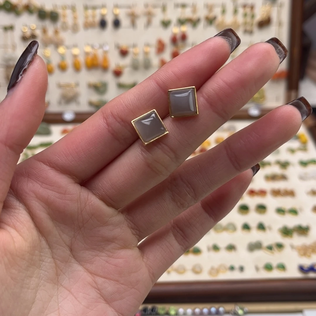 和田玉银S925镀金镶嵌耳饰