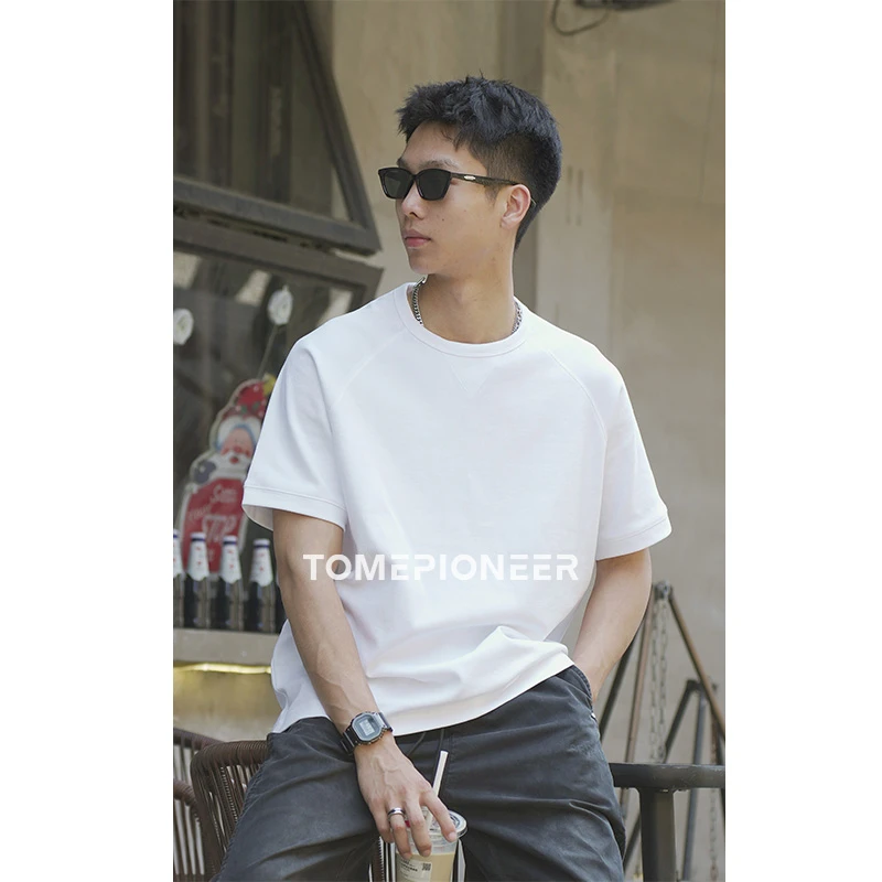 TOMEPIONEER男士薄款短袖纯色落肩白色t恤宽松型圆领夏季T恤