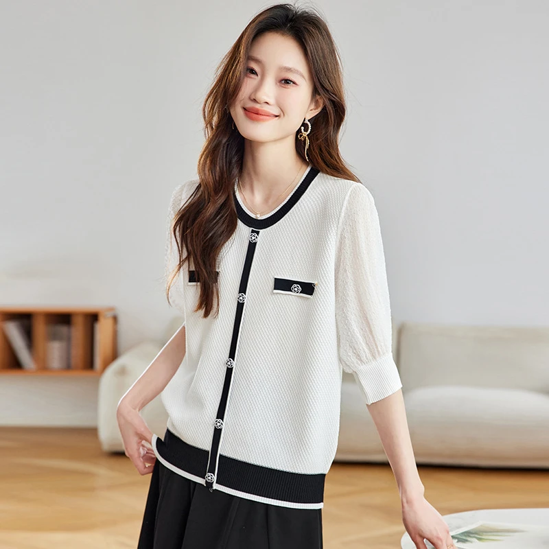 小香风上衣女春夏短袖黑色T恤衫2025新款七分袖短款圆领针织衫