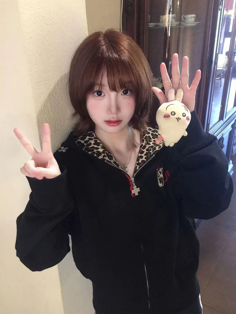 美式复古小恶魔豹纹刺绣开衫卫衣女外套宽松连帽设计感小众情侣装