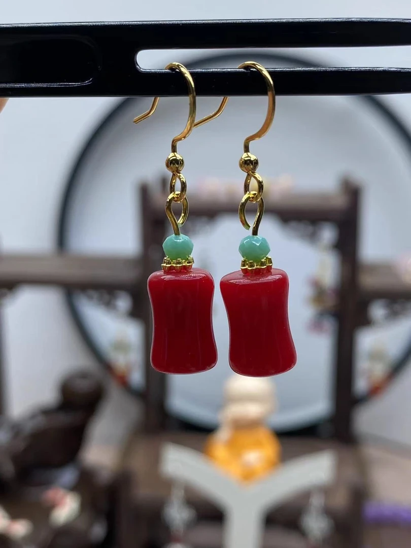 南红玛瑙锦红色耳坠时尚大气款078