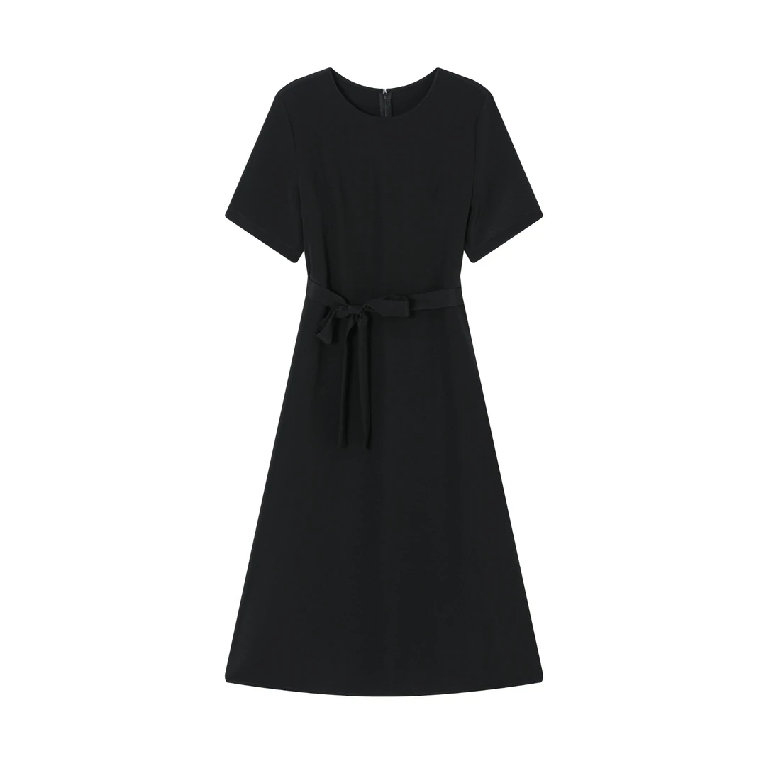 【F·J】重磅桑蚕丝圆领显瘦女士赫本风优雅短袖连衣裙FJ9812L