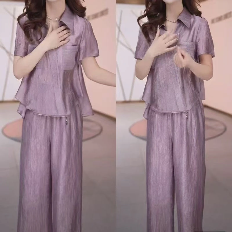 夏季新款冰丝短袖衬衫两件套女士时尚高级感轻奢气质遮肚显瘦套装