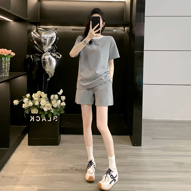夏季新款灰色运动显瘦短袖t恤时尚休闲短裤宽松套装家居服百搭女