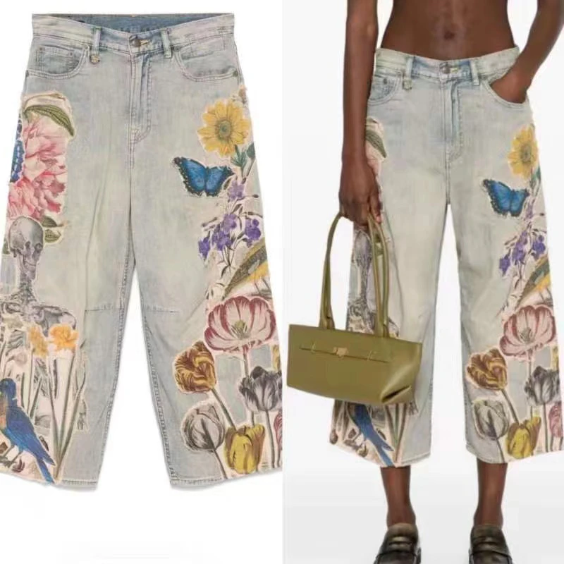 JJ私服高定精品高货蝴蝶花花百搭时尚牛仔裤直筒休闲裤子阔腿裤