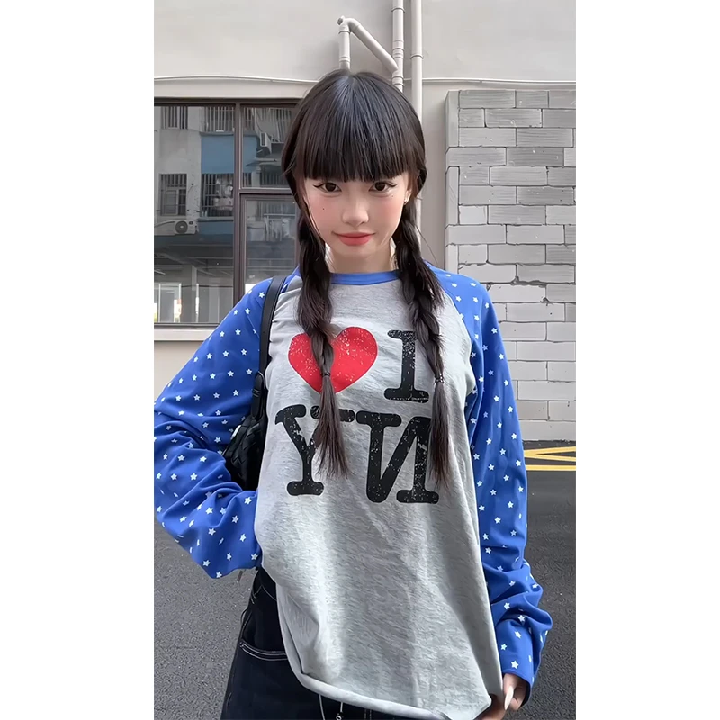 【珂塔芙】波点拼接撞色长袖t恤女早秋宽松设计感小众休闲百搭上衣