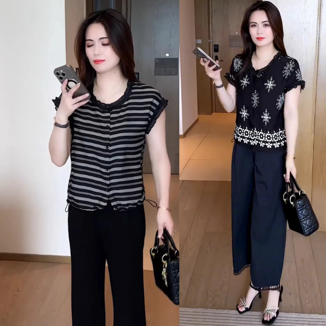 时尚短袖T恤女士夏季新款洋气无袖体恤衫宽松遮肚子显瘦条纹上衣