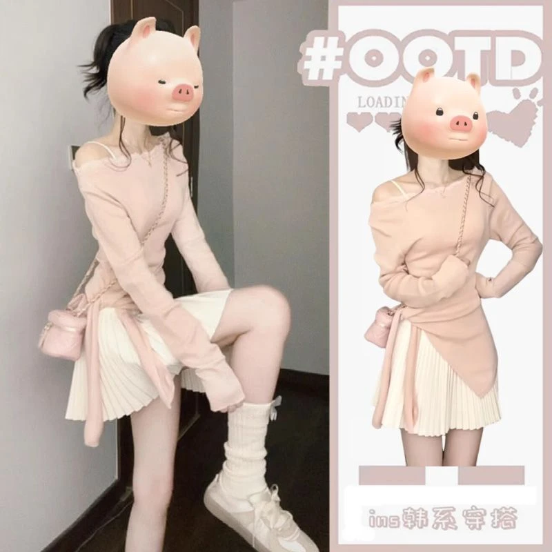 春季温柔系穿搭一整套女2025新款韩系一字肩上衣百褶裙两件套装