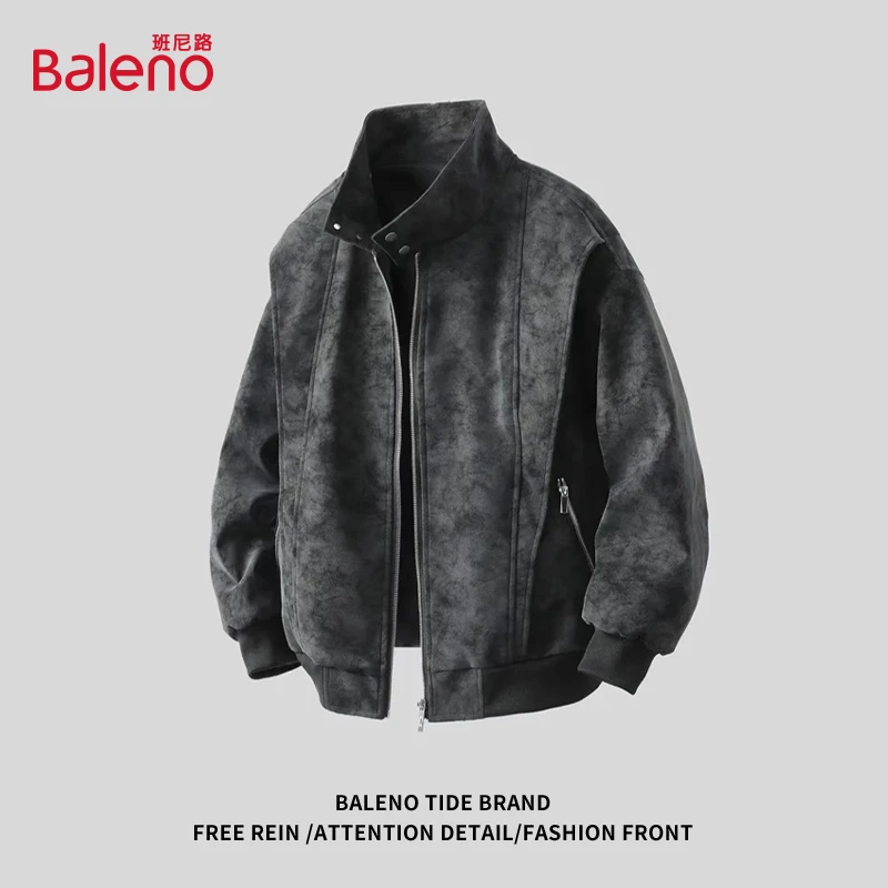 班尼路夹克男秋冬季夹棉加厚复古棒球外套休闲宽松美拉德水洗皮衣