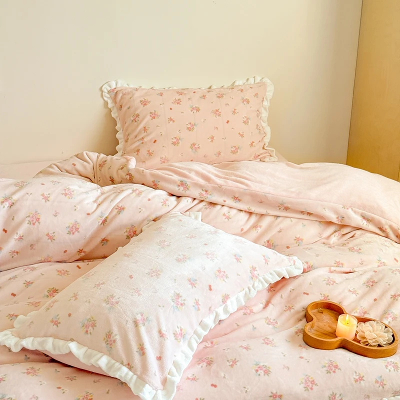 韩式牛奶绒床上四件套公主风珊瑚绒被套冬季加绒被罩法兰绒床单三