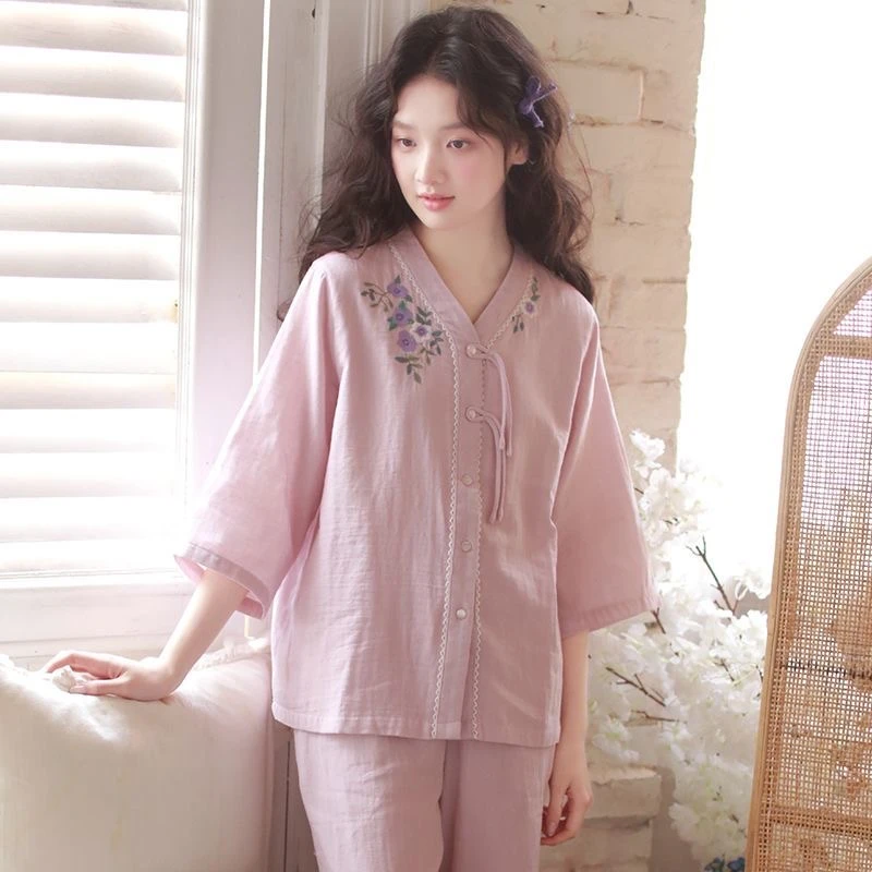 新中式甜美新款七分袖V领开衫绣花女士睡衣可外穿薄款家居服套装