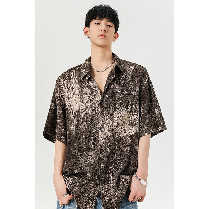夏季中国风水墨画复古短袖衬衫男提花破洞老钱风垂感宽松衬衣