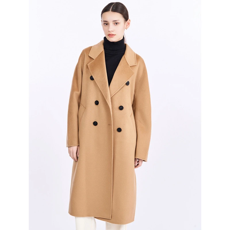 秋冬新款100纯山羊绒韩版双排扣系带经典801长款呢子长款大衣女