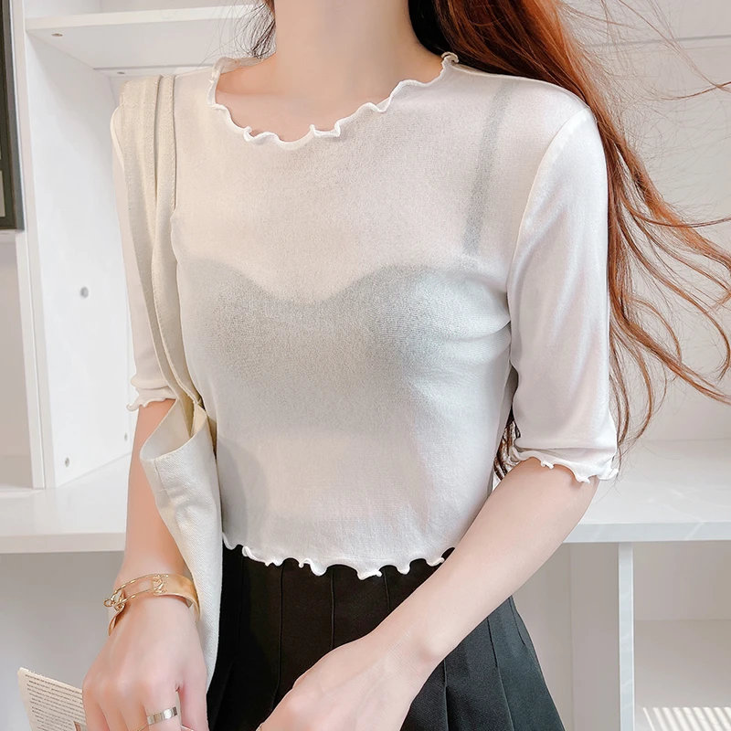 中袖网纱打底衫女春夏吊带裙内搭纱衣木耳边短款小衫紧身蕾丝上衣
