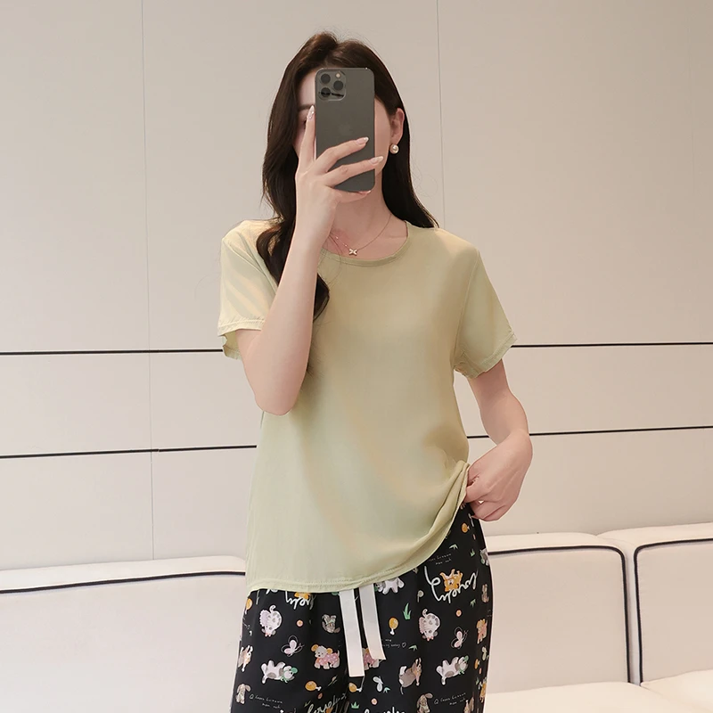 夏季棉绸短袖T恤舒适人造棉睡衣单件T恤夏装宽松大码家居服上衣
