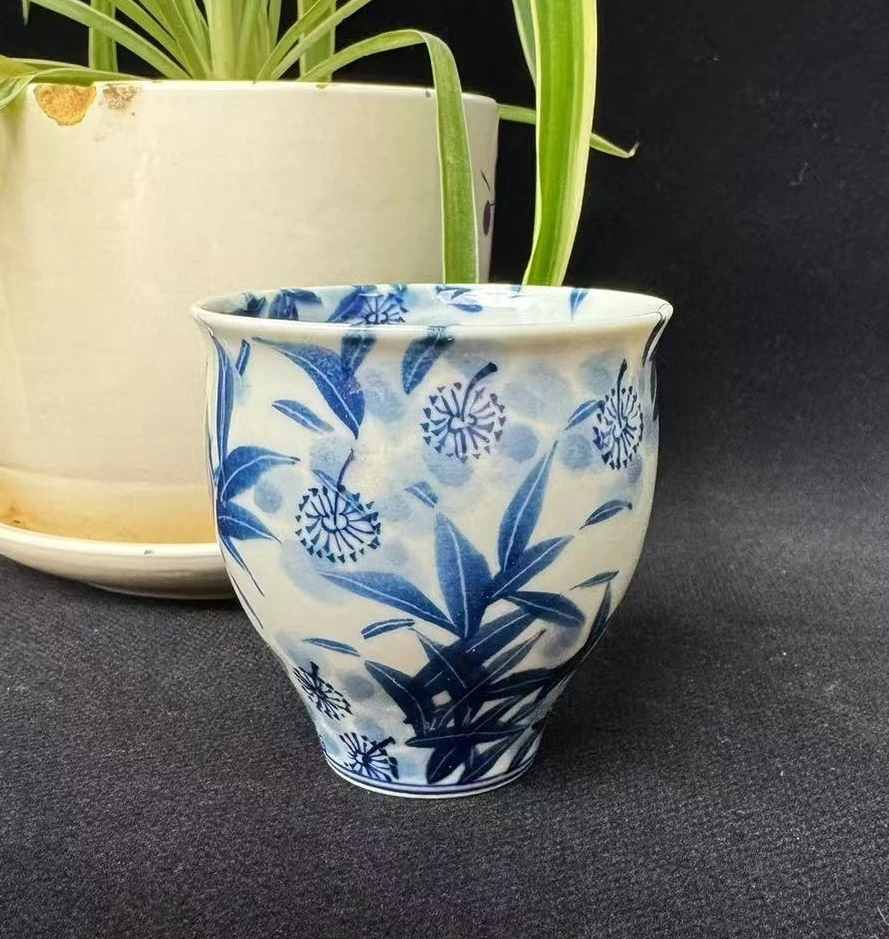 景德镇高温陶瓷釉下彩青花海棠花金钟杯