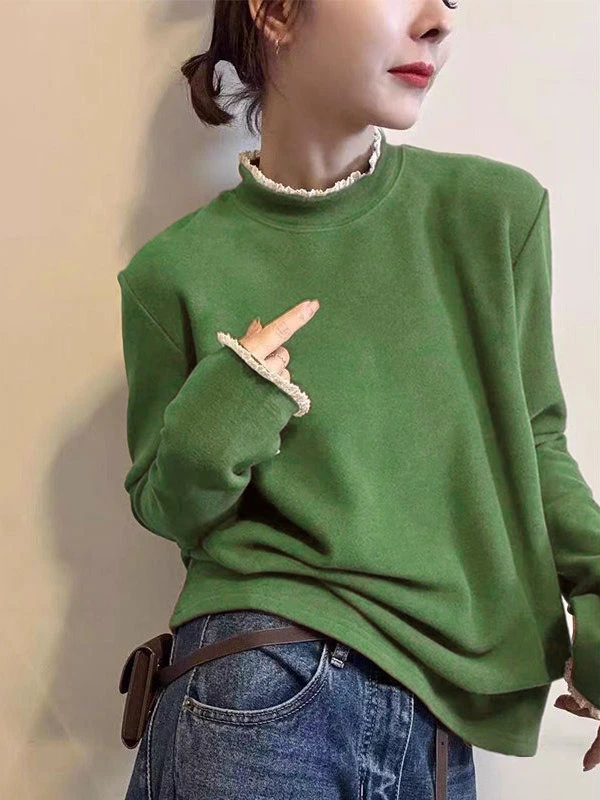 蕾丝花边领德绒假两件t恤女2025秋冬新款韩版时尚简约保暖打底衫