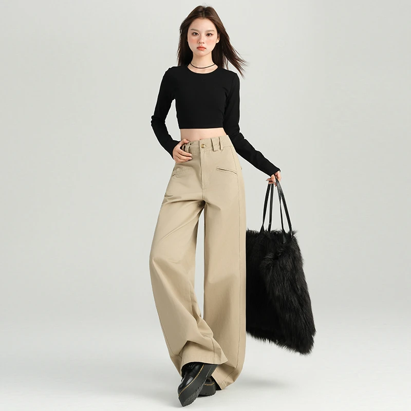 2025年秋季新款韩版高腰设计宽松休闲裤女阔腿直筒拖地裤子显高