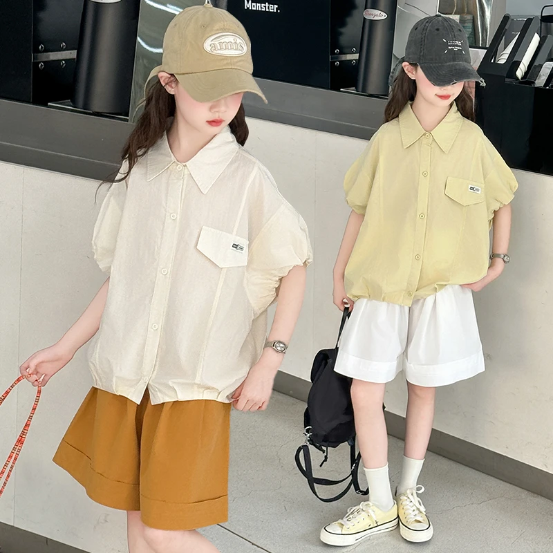 女童衬衫短裤套装2025新款6-12岁15岁中大儿童洋气韩版时髦两件套