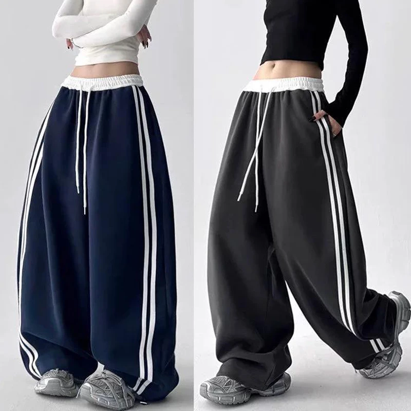 运动裤子女春秋显瘦宽松垂感直筒休闲条纹拼接阔腿卫裤