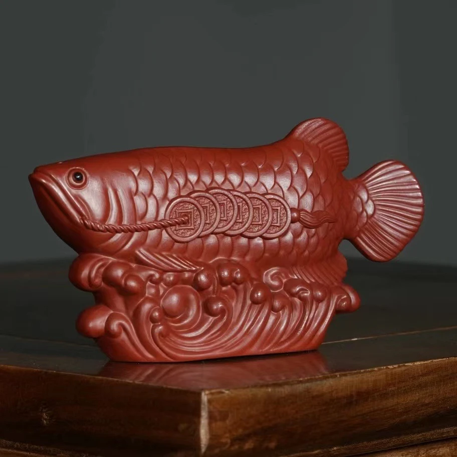 宜兴原矿朱泥大红袍雕塑紫砂金龙鱼手工茶宠茶玩摆件 年年有鱼