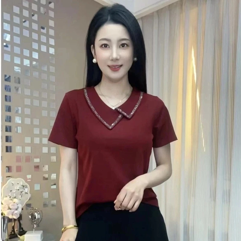 2025夏季新款女士不规则领纯色烫钻洋气百搭修身显瘦减龄短袖T恤