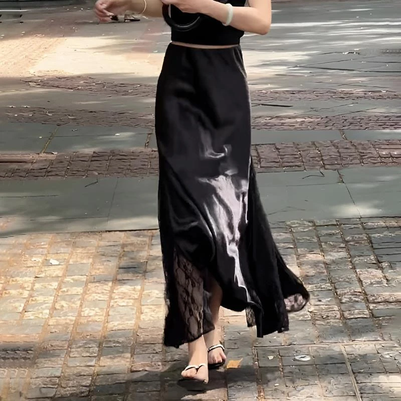 LAO高级感醋酸黑色高腰半身裙宽松肌理感蕾丝a字长裙气质黑色上衣