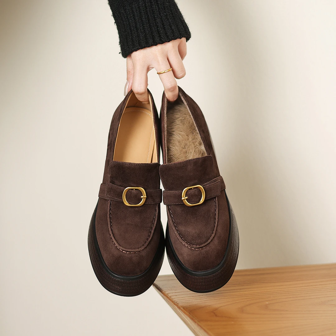 小个子手工女鞋7cm~加绒乐福鞋女2025新款小皮鞋厚底粗跟高跟单鞋