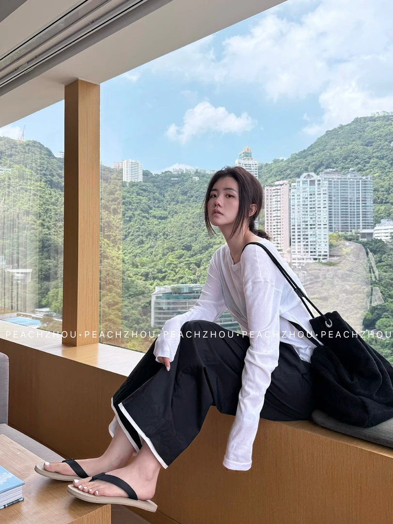 『PEACHZHOU』撞色拼接ROW风宽松休闲裤松紧腰极简松驰阔腿九分裤女