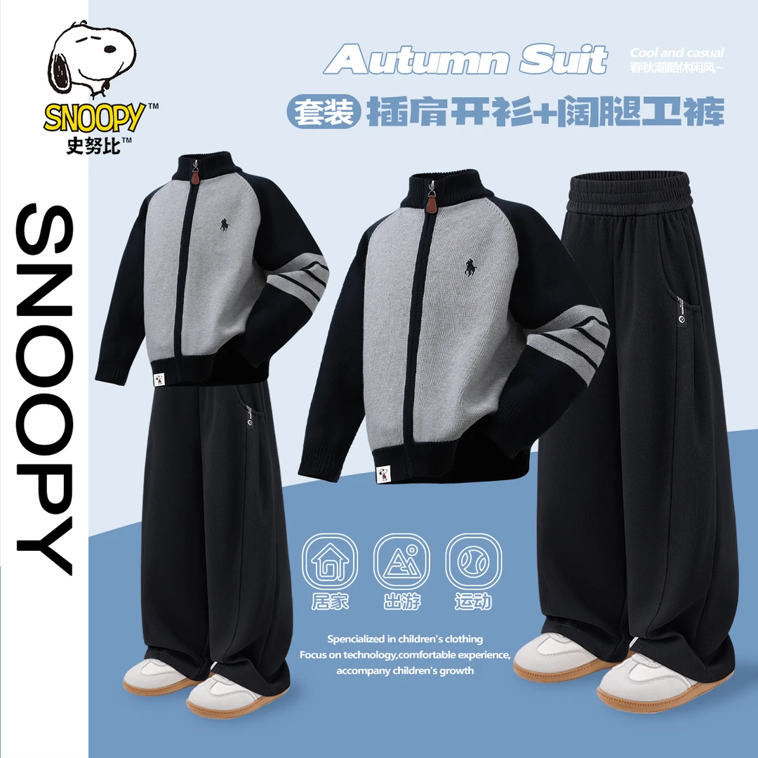 ZB史努比刺绣插肩拉链开衫毛衣外套束脚卫裤阔腿弯刀裤运动套装