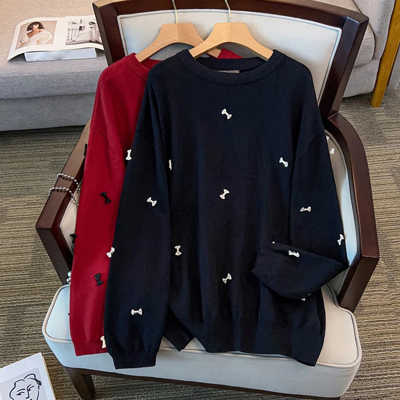 8095大码女装洋气长袖上衣2025春秋新款胖MM加肥宽松显瘦针织衫女