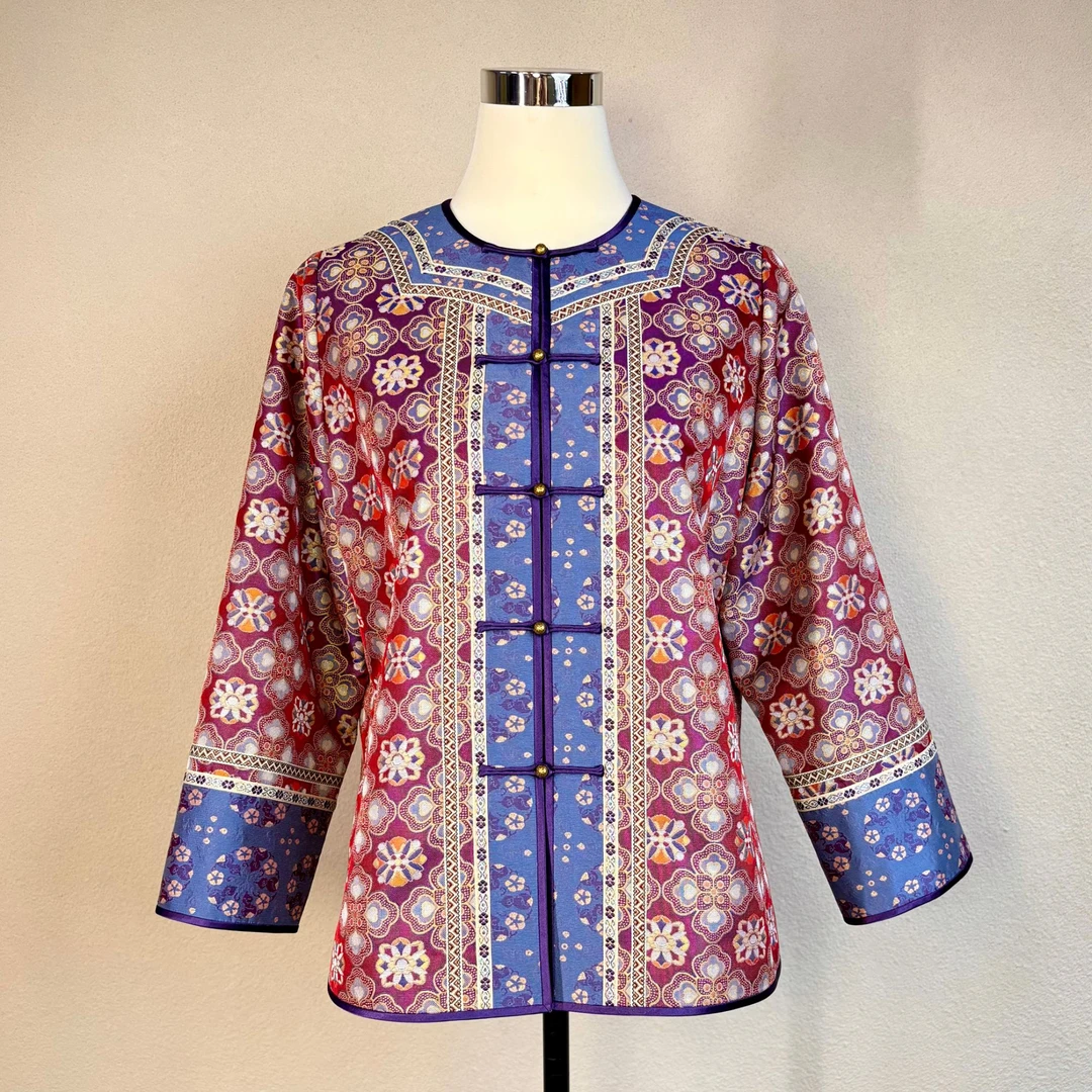 【繁花】桑蚕丝织金非遗蜀锦圆领拼接直襟酒红色女士长袖上衣251178