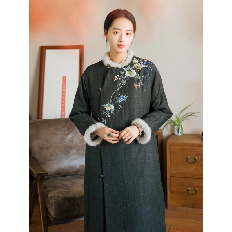 蘭襟【青苔红树】刺绣香云纱加绒改良旗袍棉衣女冬棉袄中国风复古