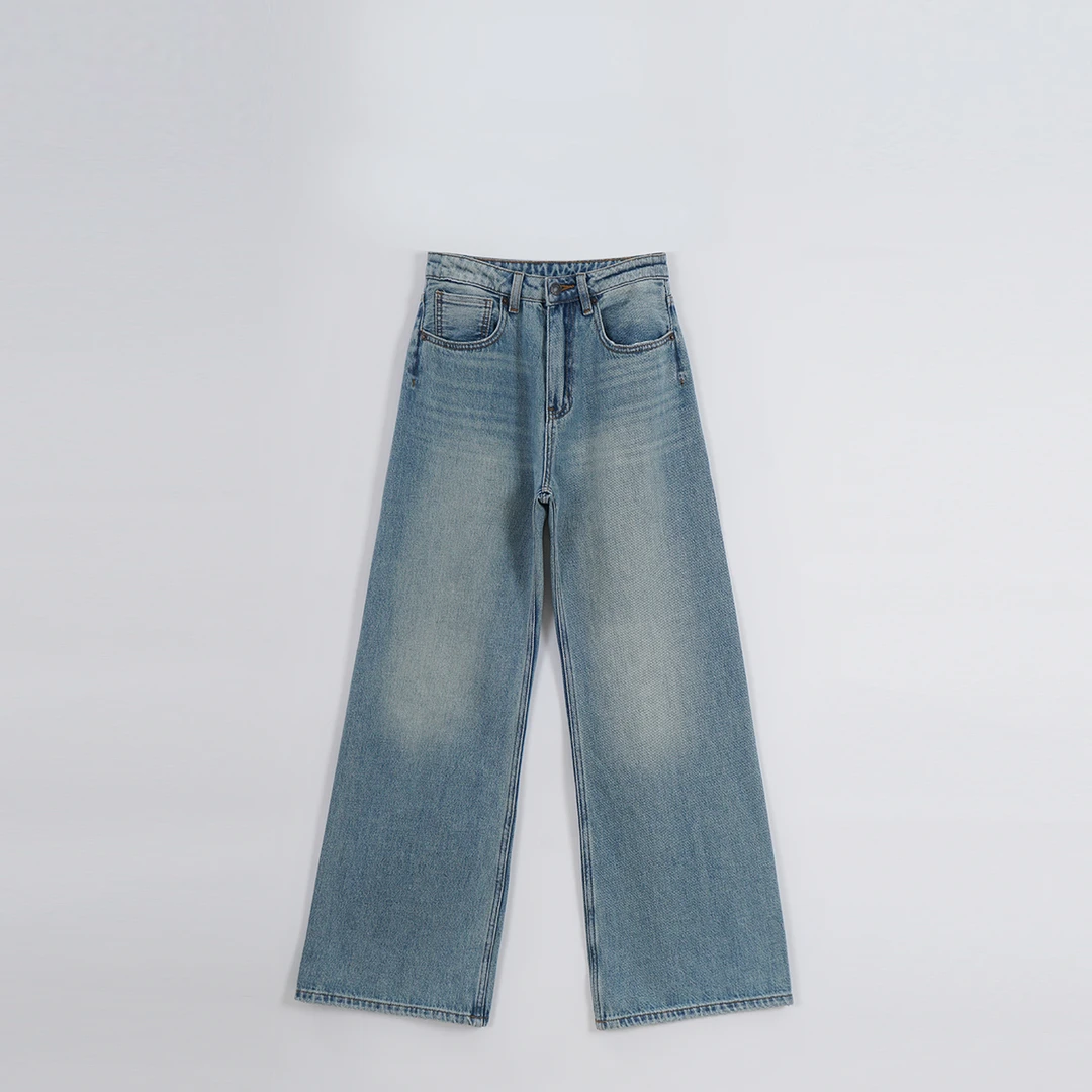 春夏新品 一片式裤腿 设计感猫须阔腿裤 高腰拖地裤直筒牛仔裤