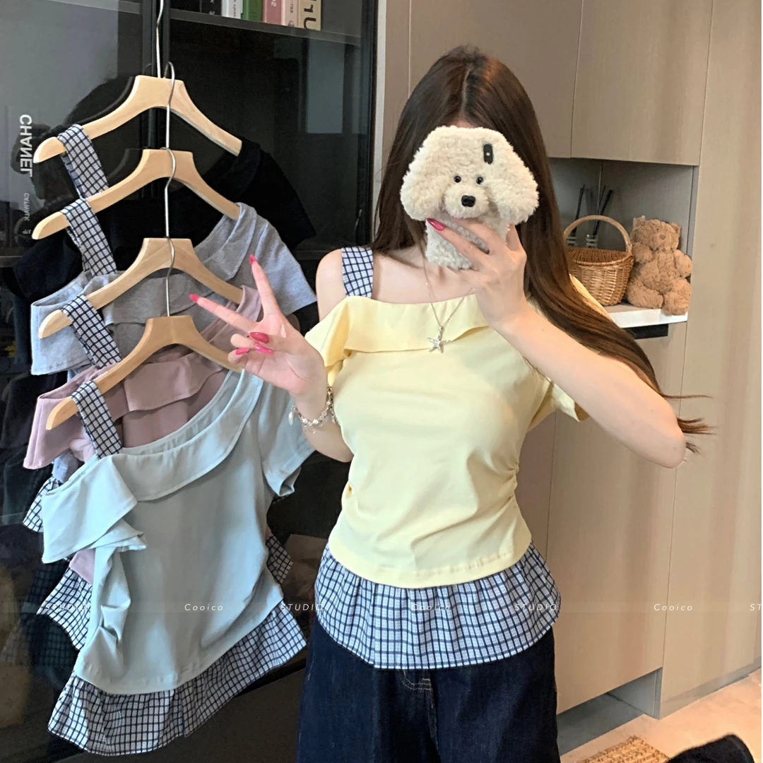 6676 夏季胖mm大码不规则假两件拼接格子露肩上衣