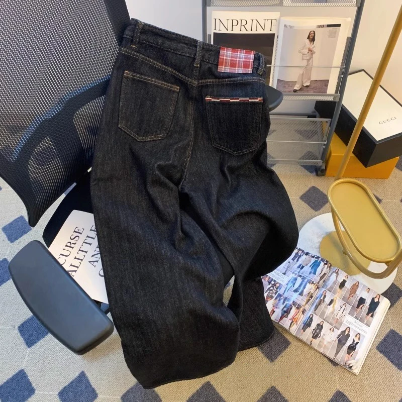 黑金丹宁格子刺绣阔腿牛仔裤女2025春季新款小众高腰显瘦直筒裤潮