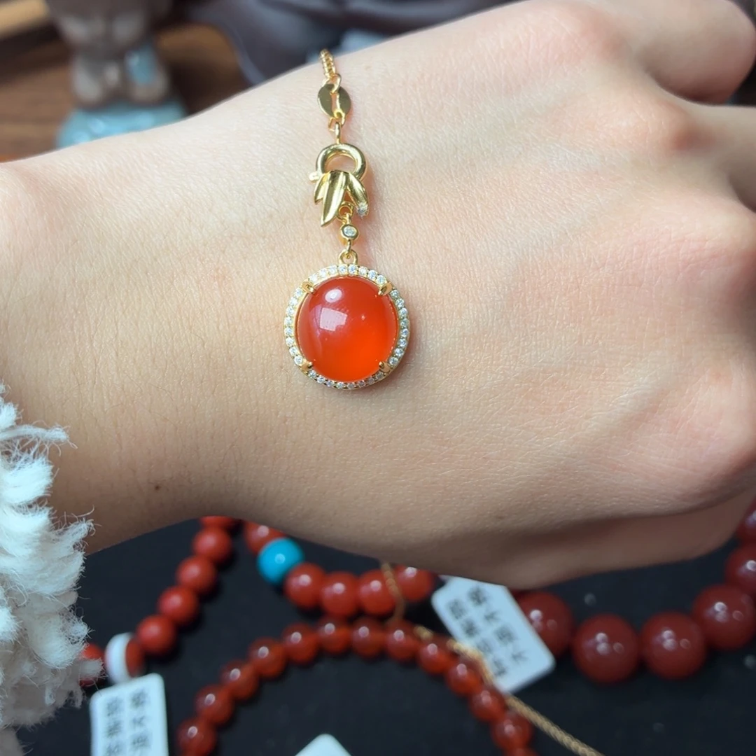 南红玛瑙银S925镶嵌吊坠保山原矿南红河湾冰红吊坠